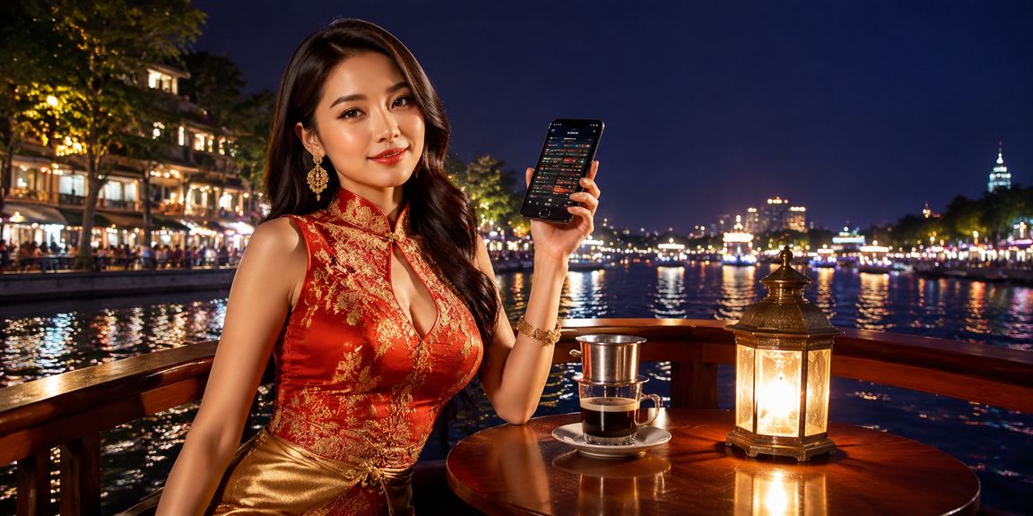 Người chơi thư giãn với điện thoại và cà phê tại Hà Nội, thể hiện lối chơi có kiểm soát